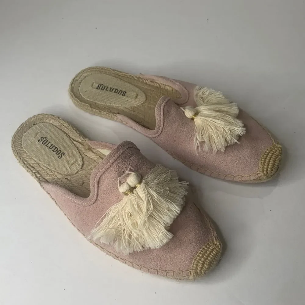 Soludos peony/pink suede tasseled espadrille mules